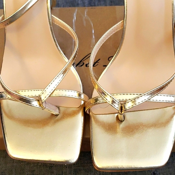 Elisabet Tang Gold Lace Up Square Open Toe Thong 4 inch Heeled SanDals Size 8.5 - Picture 6 of 12